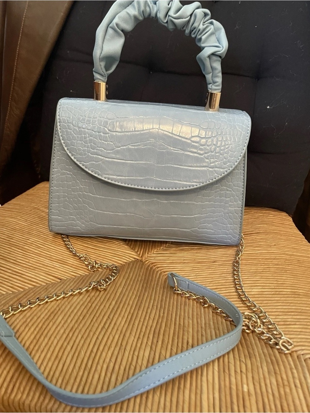 Croc-Embossed Powder Blue Top-Handle Crossbody Bag with Gold Chain